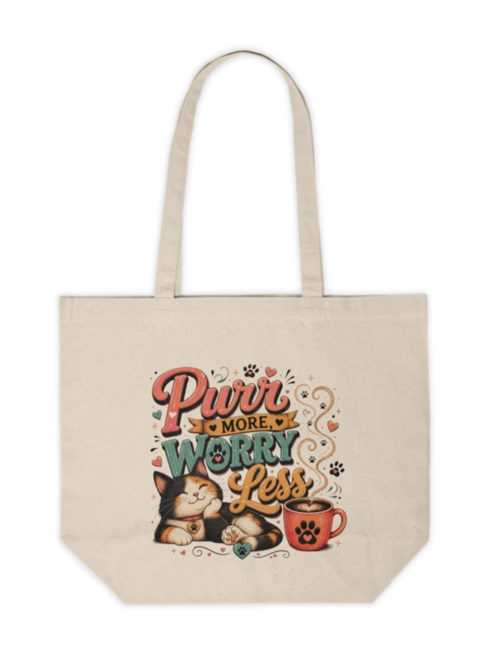 Handmade “Purr More, Worry Less” Cat Lover Canvas Tote Bag | Cute Coffee & Kitty